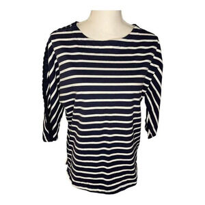 IZOD Women’s Large Blue &‎ White Striped Crewneck Top With Lace Sleeve Detail